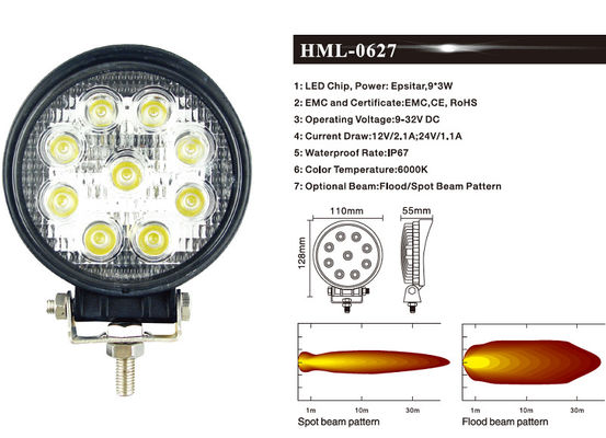 2160lm industrie des lumières d'inondation de travail du rond LED 27W extrayant l'éclairage tous terrains